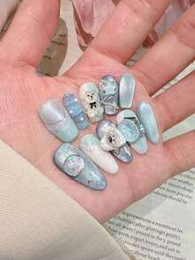 10pcs Oval-Shaped Wearable Nails, Icy Blue Cat Eye Base With 3D Handmade Mini Bear & Star Crystal Decor, Sweet & Cute Style, Perfect For Summer Beach Vacation, Daily Commute And Dates, Handcrafted Reusable Nail Tips, Y2K Vibe, Ideal Gift For Her - Baby Blue - View 4