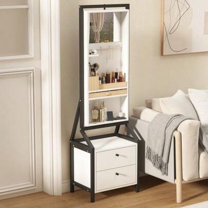 360° Jewelry Cabinet With Full-Length Mirror, Rotating Jewelry Cabinet With 2 Lower Drawers, Free Rotation, Ample Storage Space.