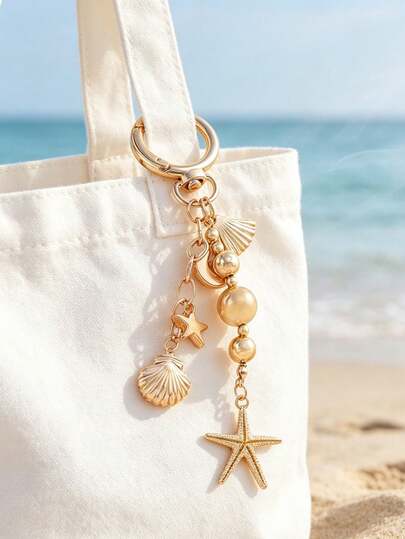 1 pieza Llavero con estrella de mar y concha dorada de estilo bohemio, accesorio para bolso de playa de verano, regalo de llavero para vacaciones