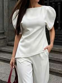 Top décontracté à manches bouffantes à la mode pour femmes, style européen et américain, blanc printemps/été - Blanc - Voir 3