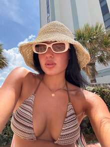 1 buah Topi Jerami Lipat Bertepi Lebar untuk Wanita, Topi Pantai Multifungsi Pelindung Matahari, Cocok untuk Liburan Pantai Musim Panas - MultiWarna - View 8
