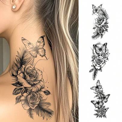 3 Sheets Big Size Body Art Temporary Tattoo,Fashionable, Realistic Black Butterfly And Rose Floral Designs. Waterproof Fake Tattoos That Last 2-5 Days. Suitable For Arms, Shoulders, Neck, Waist, And Legs. Perfect As Body Decoration, Gifts, Or For Festivals And Parties.