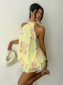 MEXAloruh Vestido mini elegante de mujer con cuello halter y lazo en color amarilloMEX KMN1 - Multicolor 2 - Ver 1