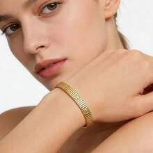 Women's Fashionable Elastic Bracelet, Luxury Elegant Daily Commute Accessory, Stainless Steel Elastic Bracelet, 18K Gold Plated Elastic Bracelet - Multicolor - View 2