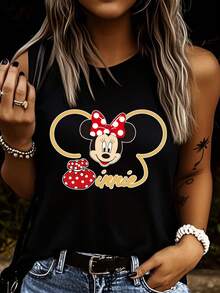 Disney 1件女士卡通米妮印花背心，圆领，弹力面料，适合日常穿着，易护理面料，时尚休闲女士背心 - 黑色 - 查看 3