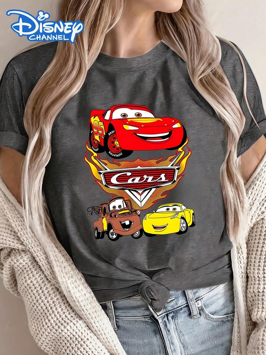 Disney License T Shirts, Disney Cars Lightning McQueen Mater Cruz Ramirez Flame Print Casual Crew Neck Short Sleeve Graphic Tee, Women's Loose Fit Summer Tops For Car Lovers, Disney Cars Fans Gift, Daily Casual Streetwear, Race Car Outfit, Family Matching Tee ,Camiseta, Summer Outfits For Women, Summer Clothes, Summer Tops, Tops For Women, Festival Outfits, Summer Tops For Women, Mother's Day, Mother's Day Clothing, Gifts For Family And Friends, Spring Outfits For Women, Officially Licensed Disney T-Shirts, Disney Men's And Women's Spring/Summer Fashion Casual Short-Sleeve T-Shirts - Xám - Xem 1
