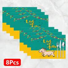 1件/4件/6件装亚麻餐垫，绵羊图案印花，宰牲节装饰，宰牲节礼物，适用于餐桌，四季皆宜，现代可水洗桌面垫，房间装饰，杯垫，厨房餐垫，室内外派对装饰，家居装饰，理想礼物 - 彩色 - 查看 12