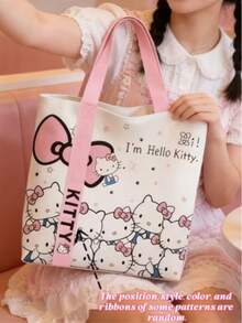 SANRIO Hello Kitty 女士大容量手提包/单肩包/旅行包，Hello Kitty 帆布手提包，可爱 KT 手提单肩包，卡通多功能手提包，大容量通勤包，适合旅行、返校、通勤 - 彩色 - 查看 9