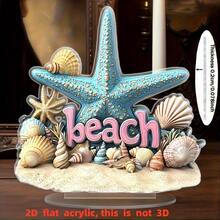 1 pieza Decoración de pared 2D acrílica con tema de playa bohemia, con concha, estrella de mar y base de arena, adecuada para dormitorio, sala de estar, comedor, zona frente al agua - A - Ver 1