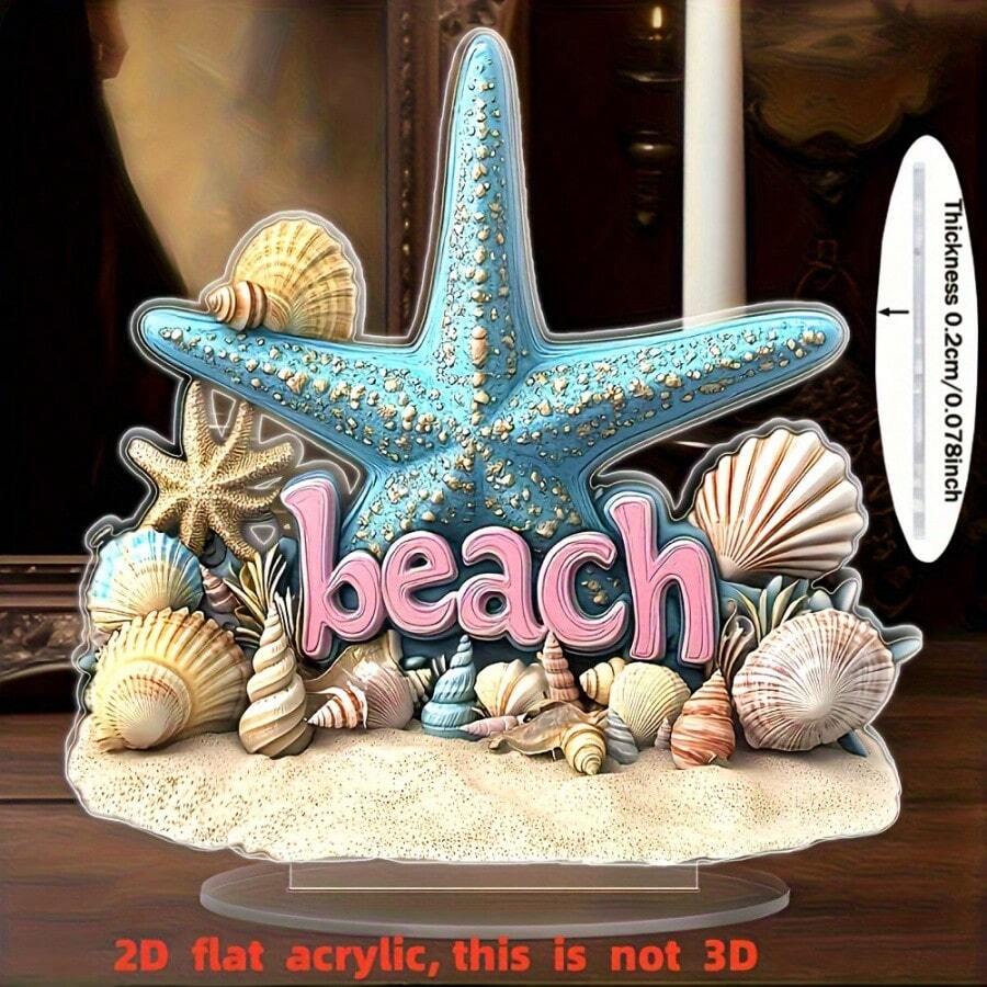 1 pieza Decoración de pared 2D acrílica con tema de playa bohemia, con concha, estrella de mar y base de arena, adecuada para dormitorio, sala de estar, comedor, zona frente al agua - A - Ver 1