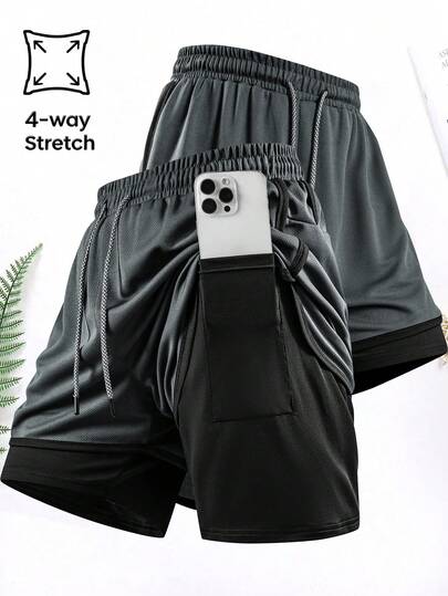 1pc Men's 2-In-1 Summer Sports Shorts, Mesh Fabric, Running Shorts, Suitable For Gym Workout, Outdoor Running