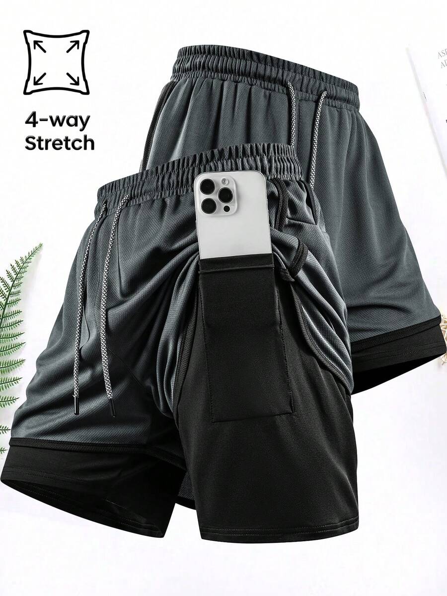 1 chiếc quần short thể thao nam 2 trong 1 mùa hè, chất liệu vải lưới, quần short chạy bộ, thích hợp cho tập luyện tại phòng gym và chạy bộ ngoài trời. - Màu xám đen - Xem 1