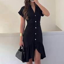 VIBEWAVE 2026 Summer New Women's V-Neck Fitted Long Dress, Midi Dress - Black - View 2