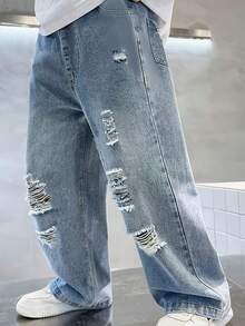 1 quần jeans denim ống rộng rách rưới cho bé trai, phong cách đường phố giản dị, dáng rộng cho trẻ lớn, hàng mới về mùa xuân/hè 2025 - Màu xanh lam - Xem 3