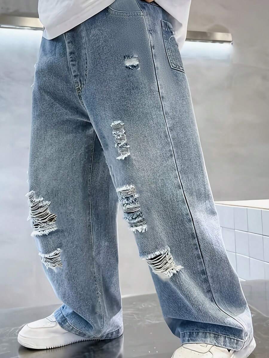 1 件男童破洞阔腿牛仔裤，休闲街头风格，宽松版型，适合大童，2025 年春夏新品 - 藍色 - 查看 1