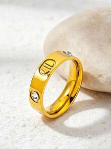 D Letter Rhinestone Ring, Minimalist Luxury Solid Band Ring, Versatile Couple Rings, Subtle Indie Style Gold Color Finger Ring, Suitable For Commute And Daily Wear - Double D Diamond Ring - View 9