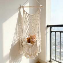 1pc Macrame Cat Hammock, Bohemian Style Hanging Cat Swing, Handmade Tasseled Cat Bed, Cat Climbing Frame Hammock Decor - Cushion Not Included - Beige - View 6