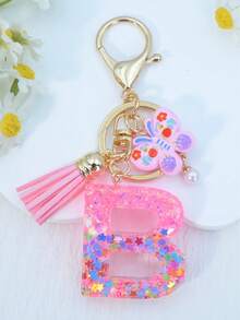 1pc Resin Letter Keychain With Butterfly & Pearl Decor, Minimalist Bag Charm, Holiday Gift For Women A-Z - Baby Pink - View 21