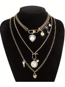 3pcs Vintage Heart-Shaped Clock Dial Pendant Necklace Set, Elegant Chain Necklace, Suitable For Daily Wear, Holiday Party Gift, Christmas Gift - Dây chuyền đồng hồ - Xem 7