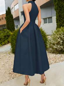 Vestido elegante de mujer con cintura anudada y línea A, nuevos estilos de primavera/verano y verano/otoño, sin mangas y escote en V, vestido para oficina/uso diario en color negro - Azul marino - Ver 3