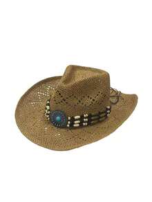 1pc Vintage Hollow Brim Wide Brim Straw Hat, Suitable For Spring/Summer Outdoor Travel Vacation Beach, Handwoven Breathable Western Cowboy Panama Straw Hat For Men And Women,Holiday,Festival - MZ3082+ML61 - View 21
