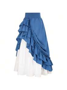 Halloween Costume, Retro Court Style, Ruffles, Wooden Ear Trim, Drawstring, Colour Block, Large Hem, Half Skirt - SK2403 [Blue and White] - View 1