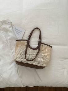 26 Styles Spring Korean 2 Pieces Woven Shoulder Bags, Cotton Rope Straw Braid Large Capacity Casual Minimalist - Brown - View 10