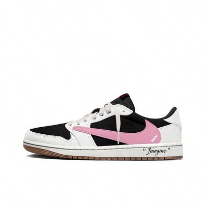Nike Travis Scott X Jordan Air Jordan 1 Black/White/Pink Reverse Swoosh 7.0 Collaboration - Youthful, Durable, Low-Top Retro Basketball Shoes - Unisex - White/Black/Pink