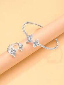 Set de 2 piezas de pulsera y anillo con forma de rombo con rhinestones, estilo bohemio, juego de joyería para mujer para fiestas y celebraciones - Plateado - Ver 5