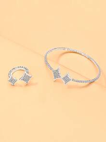 Set de 2 piezas de pulsera y anillo con forma de rombo con rhinestones, estilo bohemio, juego de joyería para mujer para fiestas y celebraciones - Plateado - Ver 7
