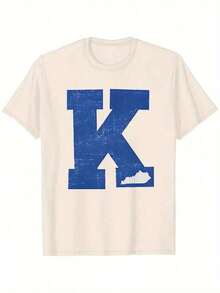 Women's Soft Summer Sets, Kentucky State Line And Letter K Print T-Shirt In Black, White, And Blue, 35% Cotton, Stretchy And Comfortable Fit, Lightweight T-Shirt - 杏色 - 查看 2