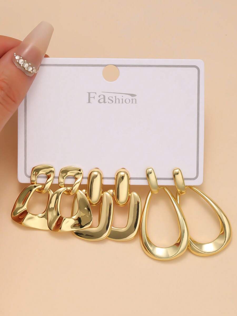 3 Pairs Fashionable Stainless Steel C-Shaped Spiral Textured Clip-On Earrings Set For Women - Yellow Gold - View 1