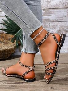 New Summer Pointed Toe Multi-Strap Buckle Ankle Strap Design Sandals, French Elegant Style For Daily, Commute, Date, Red, Burgundy, Black, Gold - Brown Leopard Print - View 6