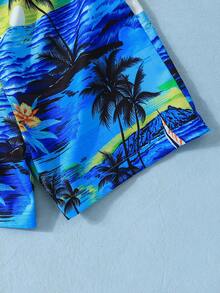 Set 3pcs/Set Pakaian Anak Laki-laki Gaya Liburan, Kemeja Lengan Pendek Bermotif, Celana Pendek & Topi, Modis Minimalis 2025 Terlaris di Musim Panas - Biru - View 9