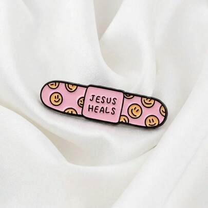 JESUS HEALS Smiling Face Bandage Brooch, Zinc Alloy Oil Drop Christian Faith Themed Brooch, Creative Healing Style Accessory, Student Backpack & Clothing Decor, Religious Culture Gift