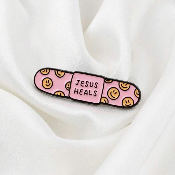 JESUS HEALS Smiling Face Bandage Brooch, Zinc Alloy Oil Drop Christian Faith Themed Brooch, Creative Healing Style Accessory, Student Backpack & Clothing Decor, Religious Culture Gift