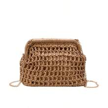Bolso de embrague de paja calado, bolso cruzado de cadena metálica, bolso de nube tejido de estilo vacacional - Blanco - Ver 2