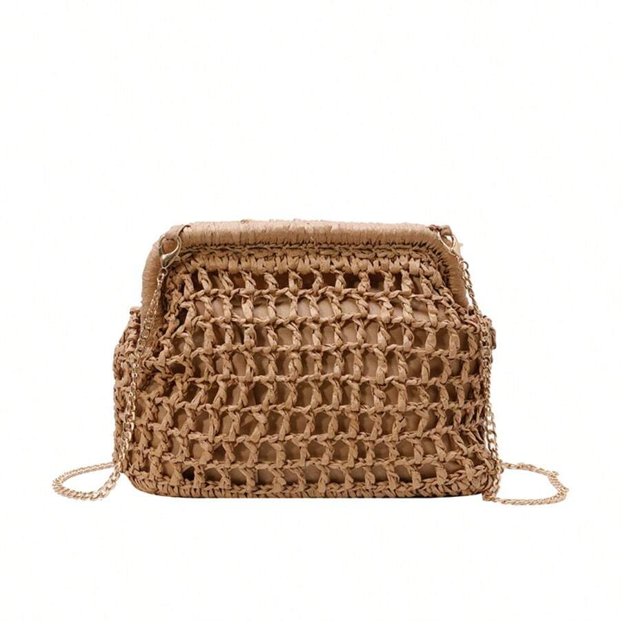 Bolso de embrague de paja calado, bolso cruzado de cadena metálica, bolso de nube tejido de estilo vacacional