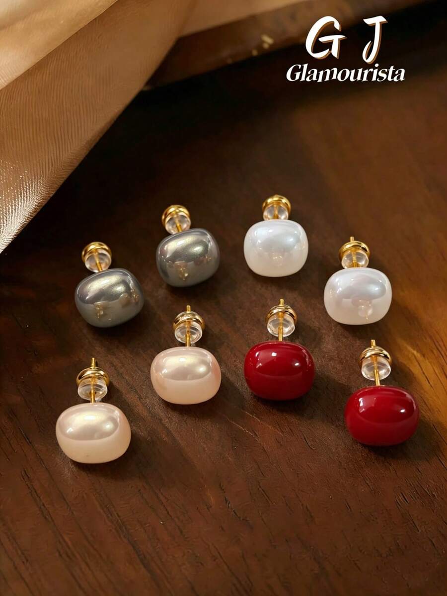 Bộ 4 đôi bông tai đính ngọc trai giả hình vuông tối giản, thời trang, thanh lịch, có màu đỏ, trắng, xám, vàng sâm panh, phù hợp cho nữ giới đeo hàng ngày, dự lễ hội, đám cưới và tiệc tùng. - Bộ bốn món - Xem 1