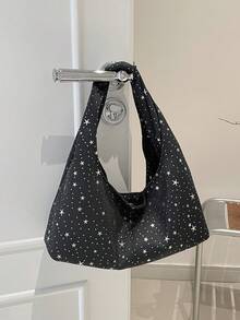 1个黑色春季新款星形图案极简尼龙法棍包，女士单肩腋下包 - 黑色 - 查看 3