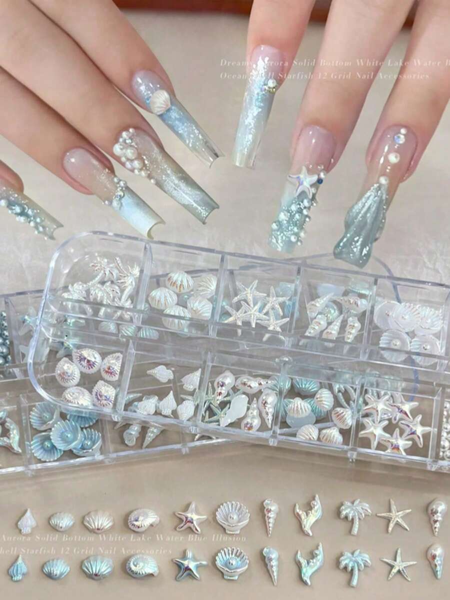 12格海星貝殼美甲裝飾套裝,跨境熱銷極光貝殼椰子樹DIY美甲飾品配件美甲飾件 - 彩色 - 查看 1