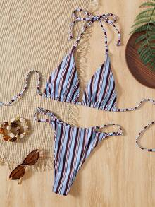 Bộ bikini gợi cảm kẻ sọc xanh dương và nâu dành cho nữ, áo và quần bikini tam giác buộc dây bên hông, đồ bơi đi biển cho kỳ nghỉ hè, trang phục đi biển ngày 4 tháng 7. - Nhiều màu - Xem 6