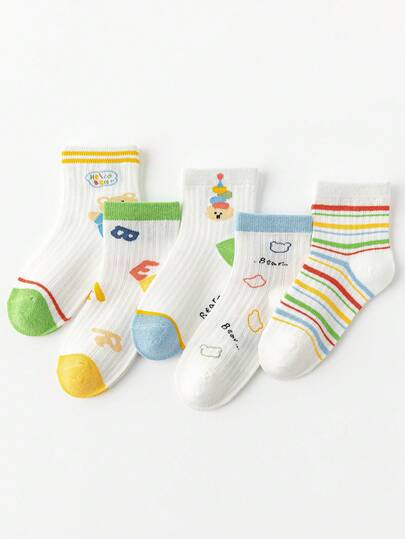 5 Pairs Summer Fresh Kids Socks, Minimalist Striped Cartoon Bear Design Boys Mesh Thin Mid-Calf Socks