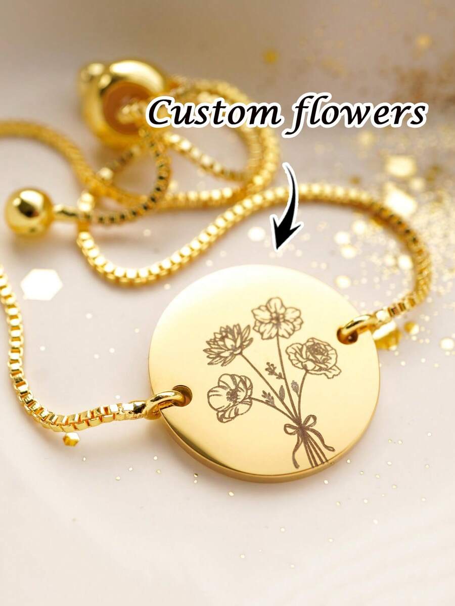1 pièce Bracelet personnalisable avec combinaison de fleurs de naissance gravées, bracelet bouquet familial personnalisé, bracelet de haute qualité réglable, convient comme cadeau de bijoux personnalisé pour la fille, la mère, anniversaire, fête des mères, bracelet familial, bracelet personnalisé, cadeau personnalisé - Multicolore - Voir 1