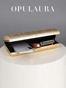 OpulAura Retro Luxury Clutch Bag, Gold Leather Pleated Design Fashion Party Purse, Elegant Box Handbag With Chain Strap, Suitable For Party/Wedding - Vàng - Xem 8