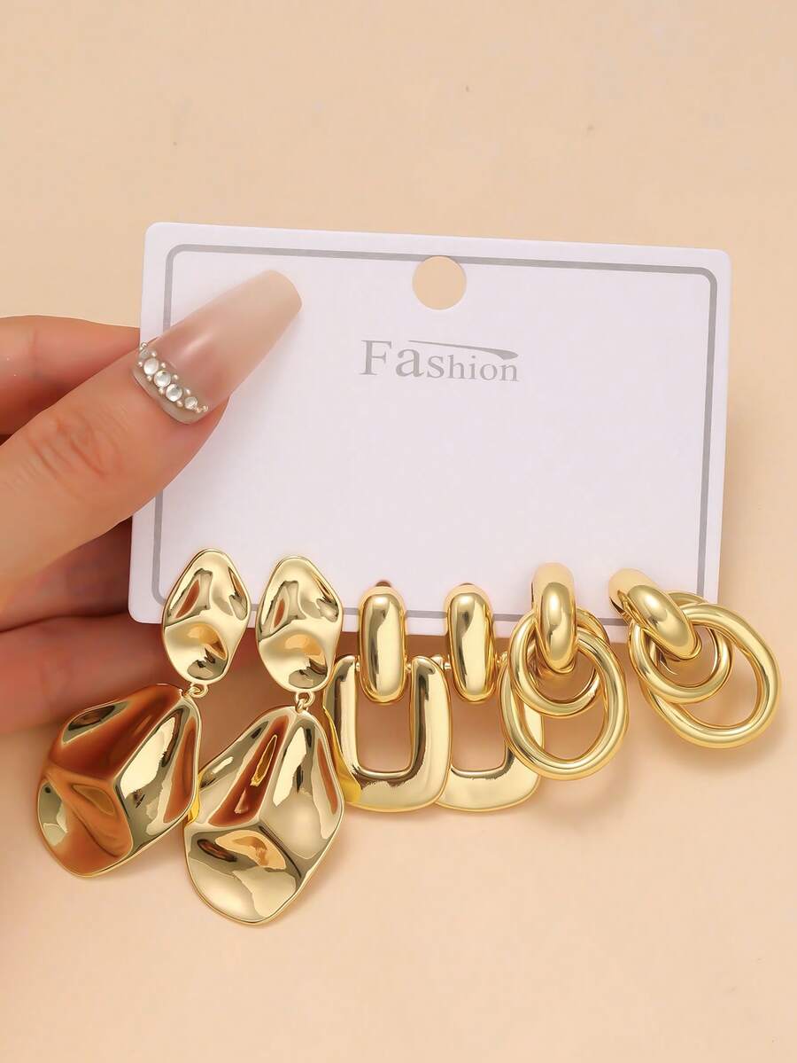 3 Pairs Fashionable Stainless Steel C-Shaped Spiral Textured Clip-On Earrings Set For Women - Yellow Gold - View 1