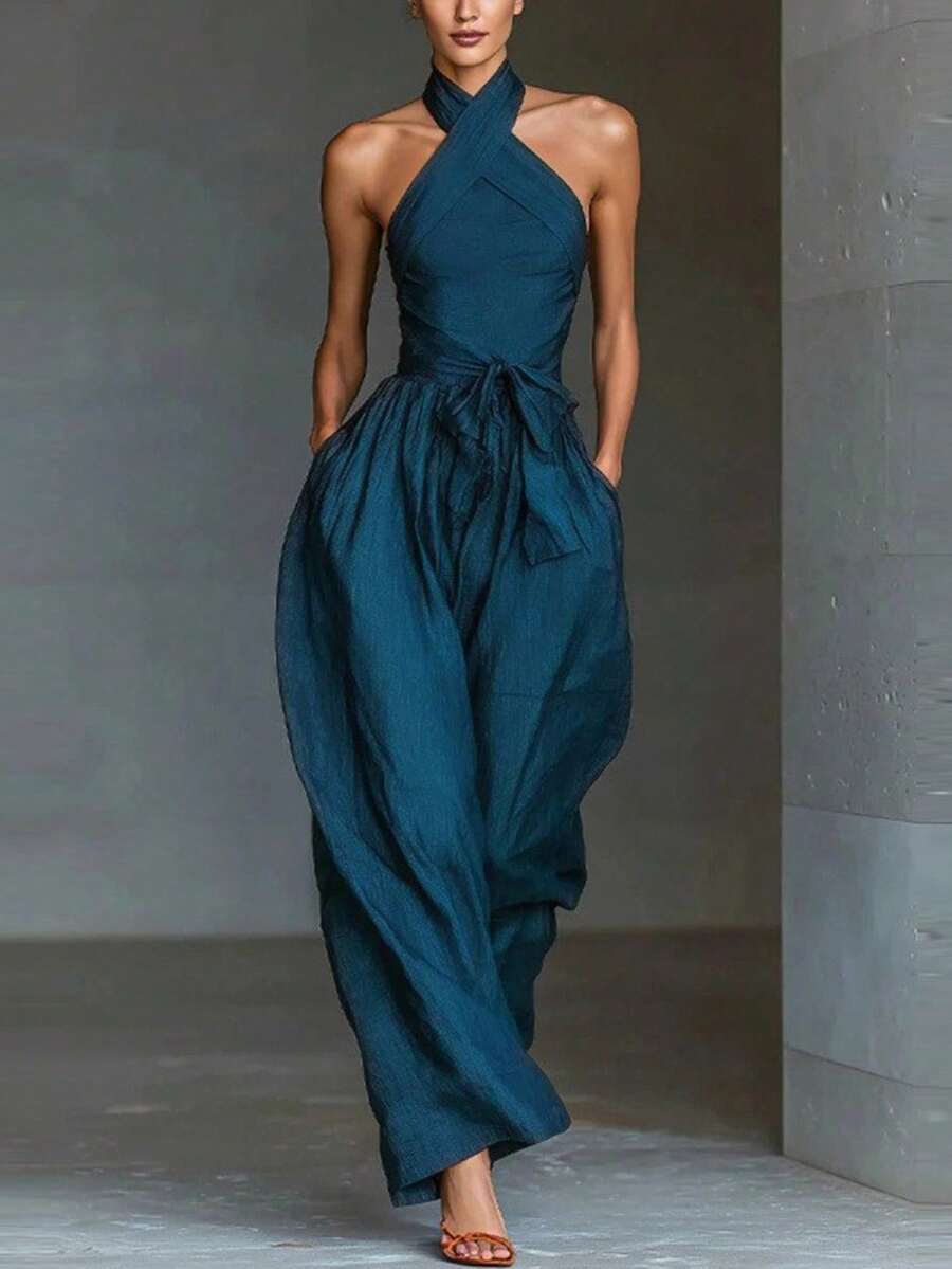 Sleeveless Plain Jumpsuit With Halter Neck And Drawstring - Blue - View 1