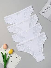 4 chiếc quần lót dây T-string ren trắng có gân, thoáng khí, thoải mái dành cho nữ - trắng - Xem 4