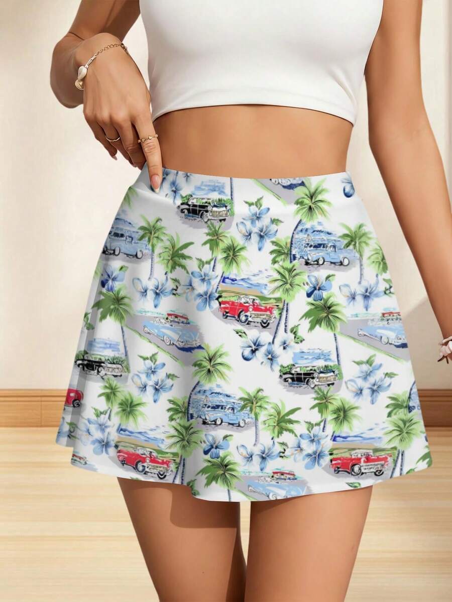 Women Summer Mini Skirt Vintage Car Print Hawaiian Palm Tree Beach Design Gym Activewear Skirts Mini For Womens Running Mini Skirt Leisure Sports - 彩色 - 查看 1