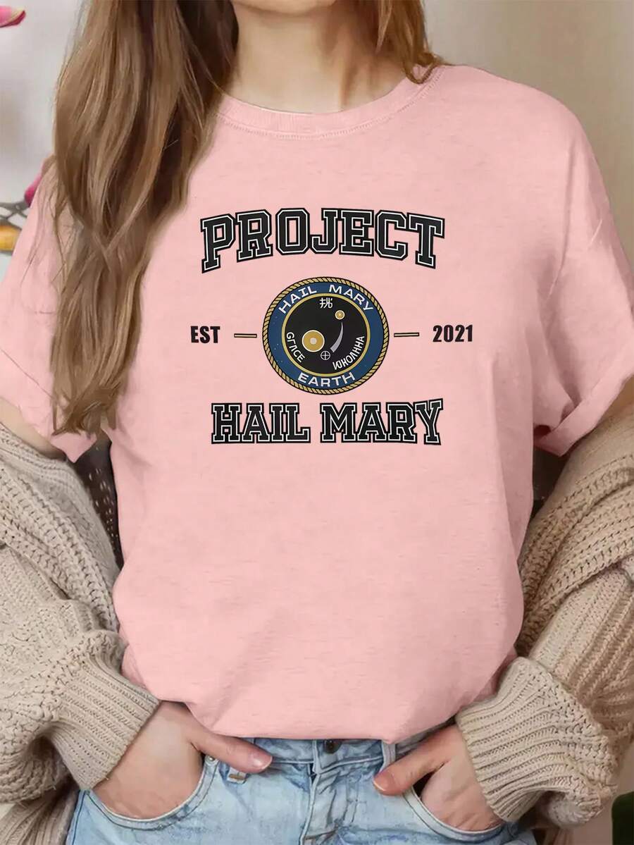 Fashion Women'S Apparel All Seasons, Sci-Fi Pin Design T-Shirt With Project Hail Mary Theme, Hardcore Sci-Fi And Retro Space Pin Style, Accurately Paying Tribute To This Classic Sci-Fi Work - 白色 - 查看 1